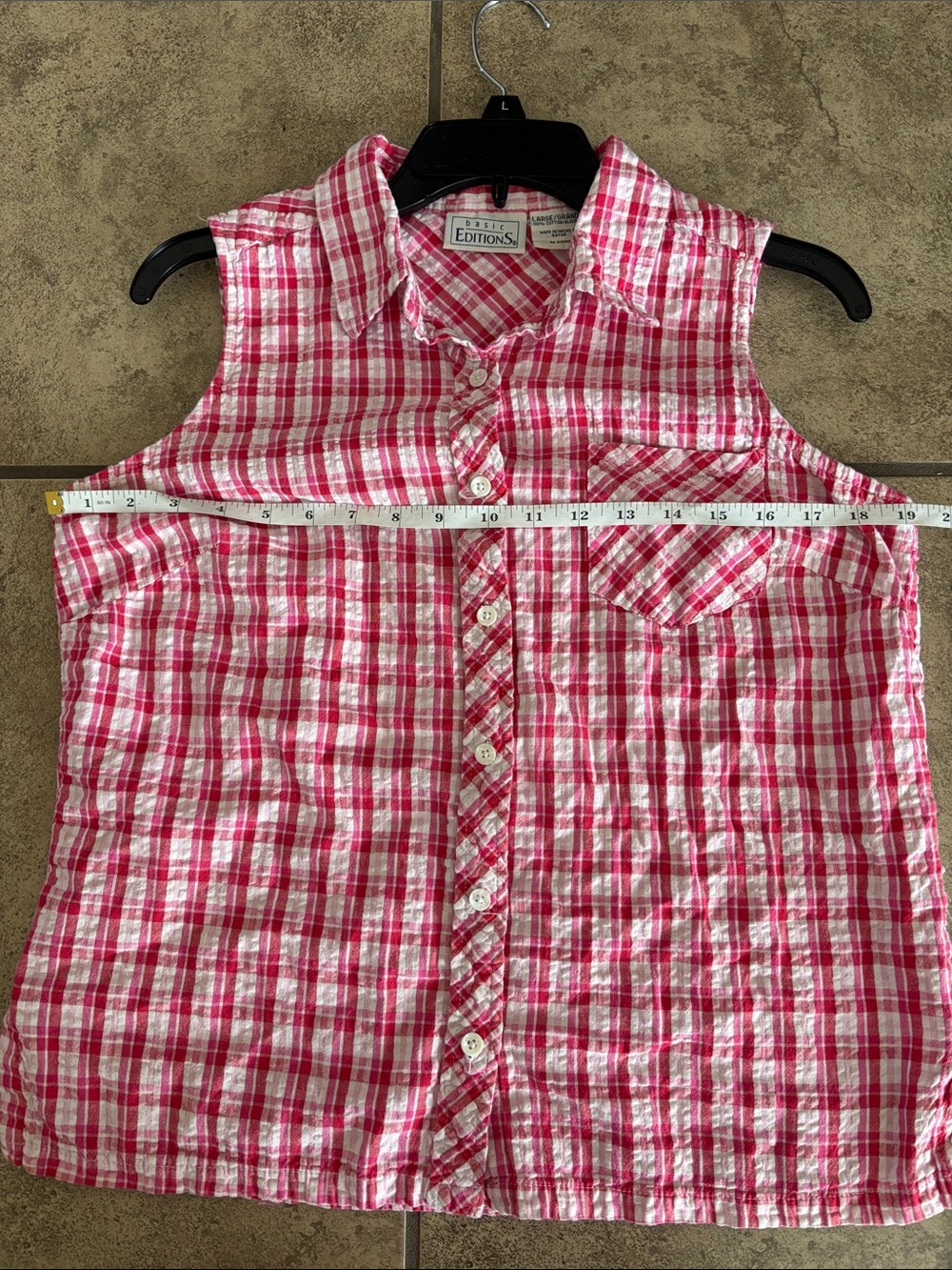 Basic Editions Pink and White Plaid Sleeveless Button-Up Blouse Size Large